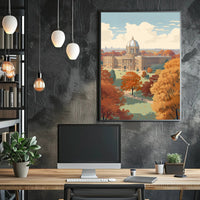Elegant Autumn Building in Serene Heritage Poster PosterGoat
