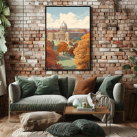 Elegant Autumn Building in Serene Heritage Poster PosterGoat