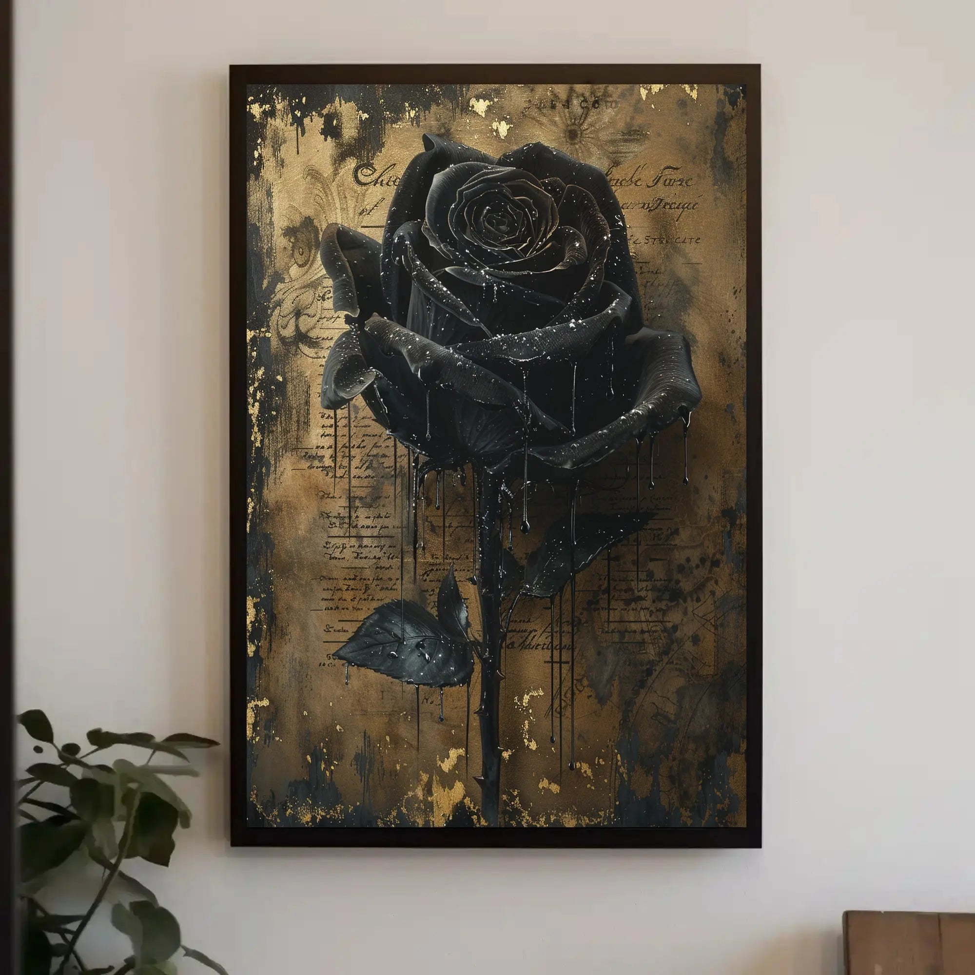 Elegant Black Rose with Gold Background Artistic Poster PosterGoat