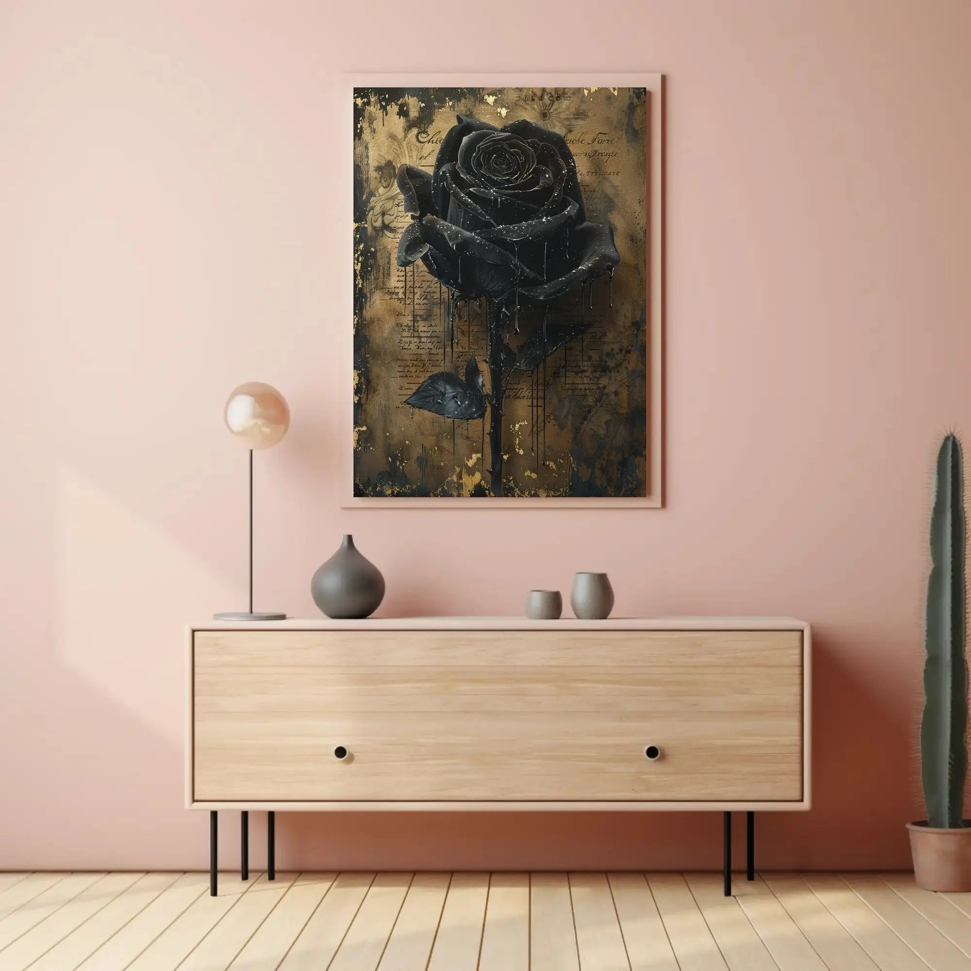 Elegant Black Rose with Gold Background Artistic Poster PosterGoat