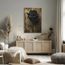 Elegant Black Rose with Gold Background Artistic Poster PosterGoat