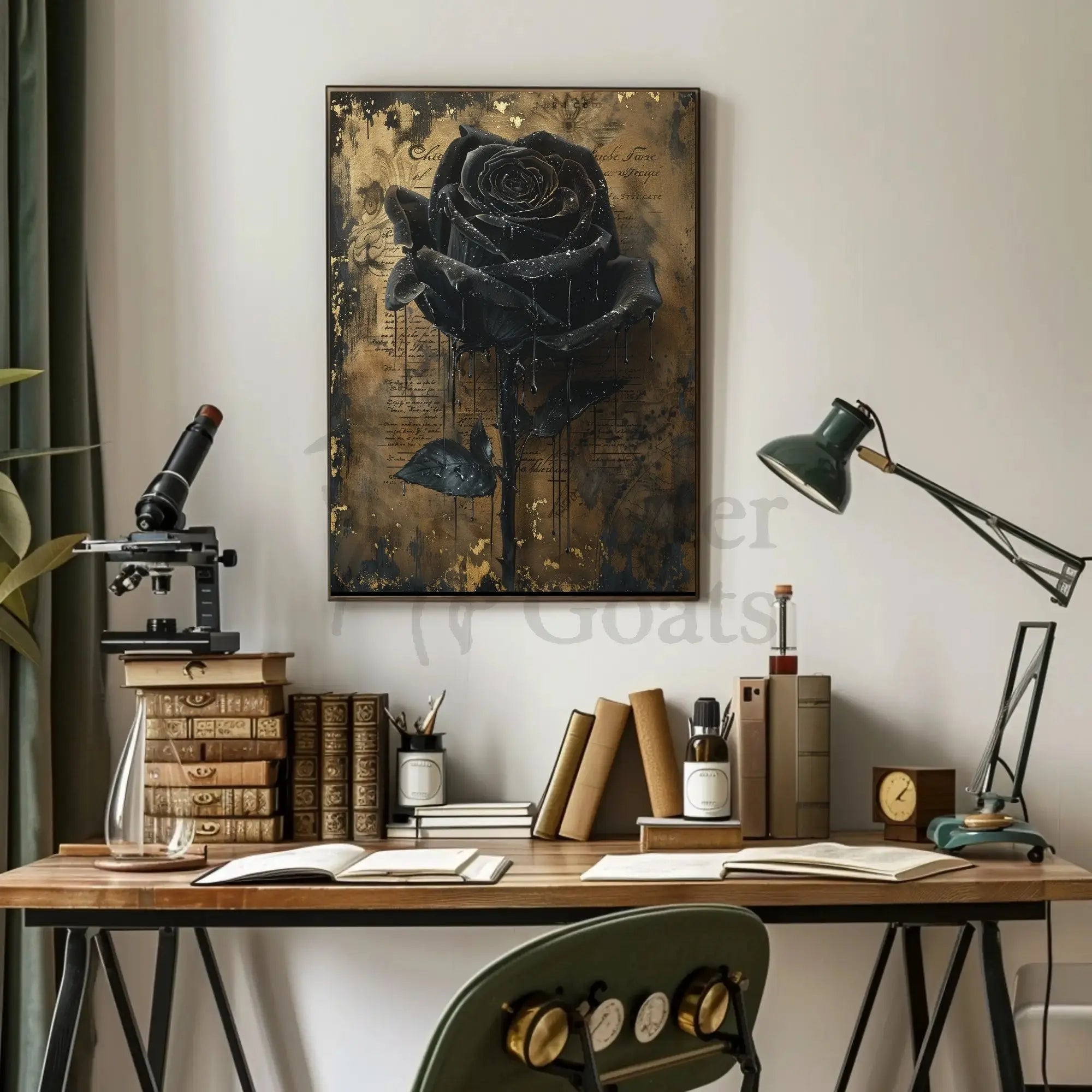 Elegant Black Rose with Gold Background Artistic Poster PosterGoat