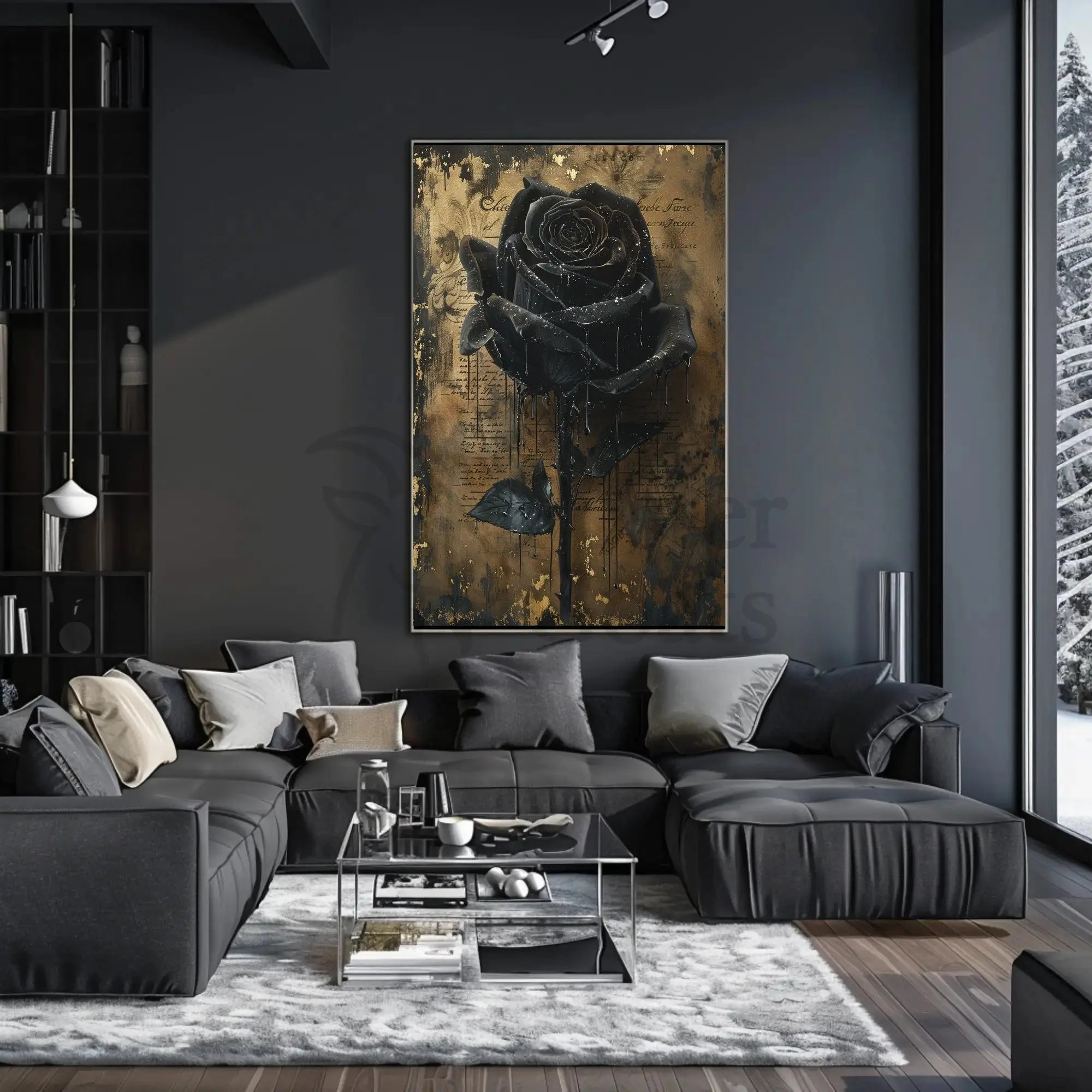 Elegant Black Rose with Gold Background Artistic Poster PosterGoat