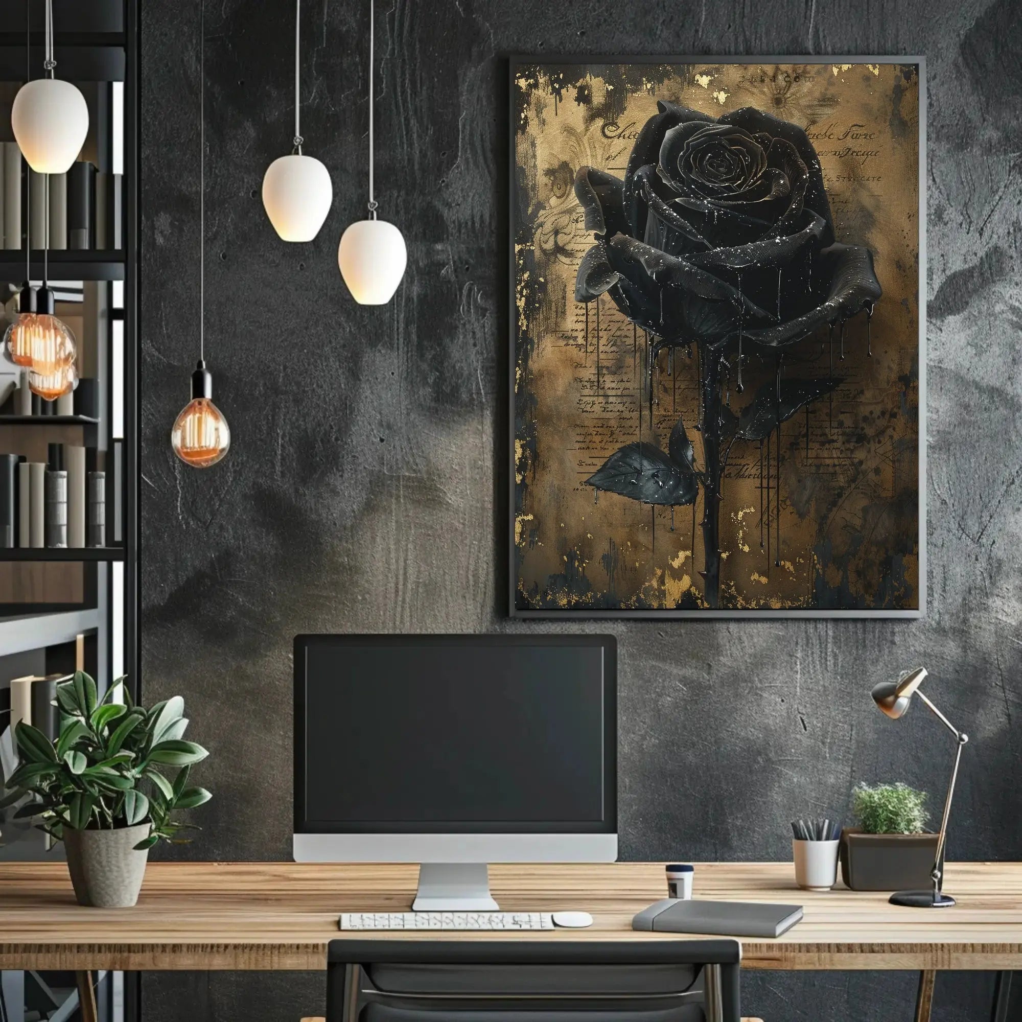 Elegant Black Rose with Gold Background Artistic Poster PosterGoat