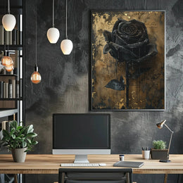 Elegant Black Rose with Gold Background Artistic Poster PosterGoat
