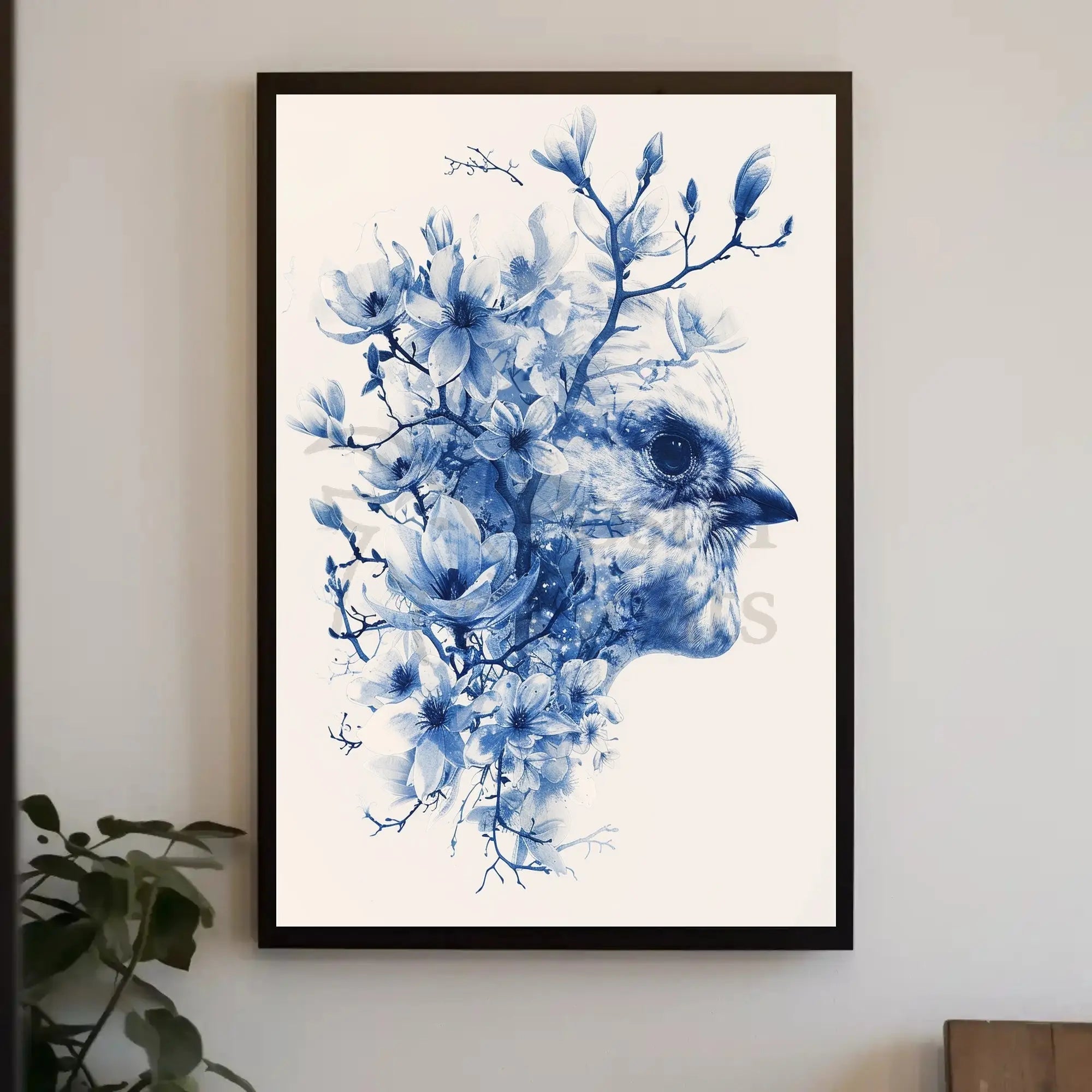 Elegant Blue Sparrow and Blossoms Artistic Poster PosterGoat