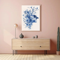 Elegant Blue Sparrow and Blossoms Artistic Poster PosterGoat