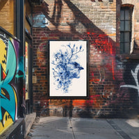Elegant Blue Sparrow and Blossoms Artistic Poster PosterGoat