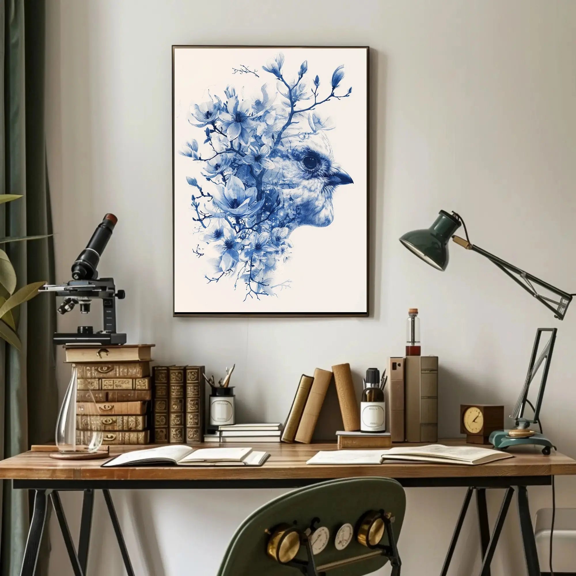 Elegant Blue Sparrow and Blossoms Artistic Poster PosterGoat