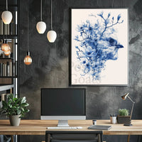 Elegant Blue Sparrow and Blossoms Artistic Poster PosterGoat