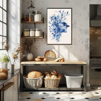 Elegant Blue Sparrow and Blossoms Artistic Poster PosterGoat