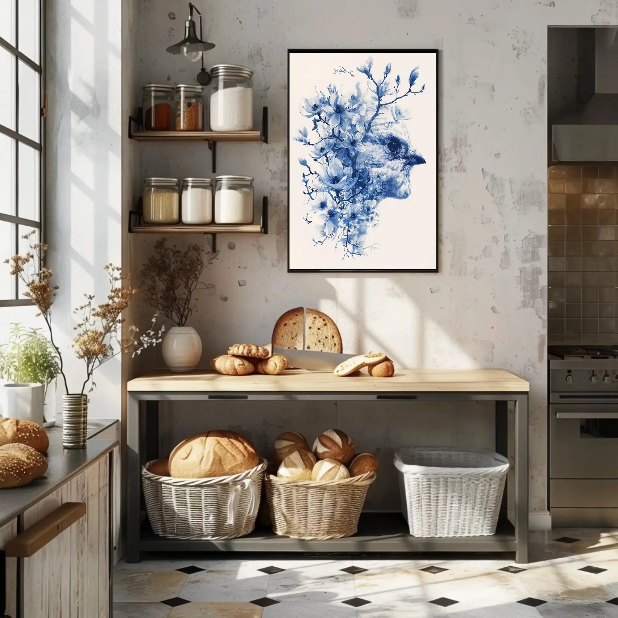 Elegant Blue Sparrow and Blossoms Artistic Poster PosterGoat