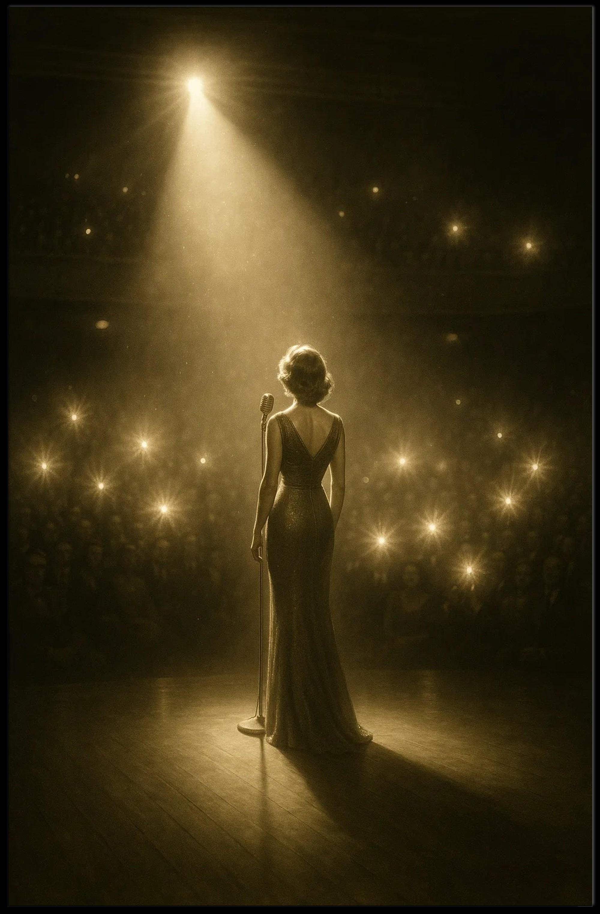 Elegant Performer on Stage Captured in Music Concert Poster PosterGoat