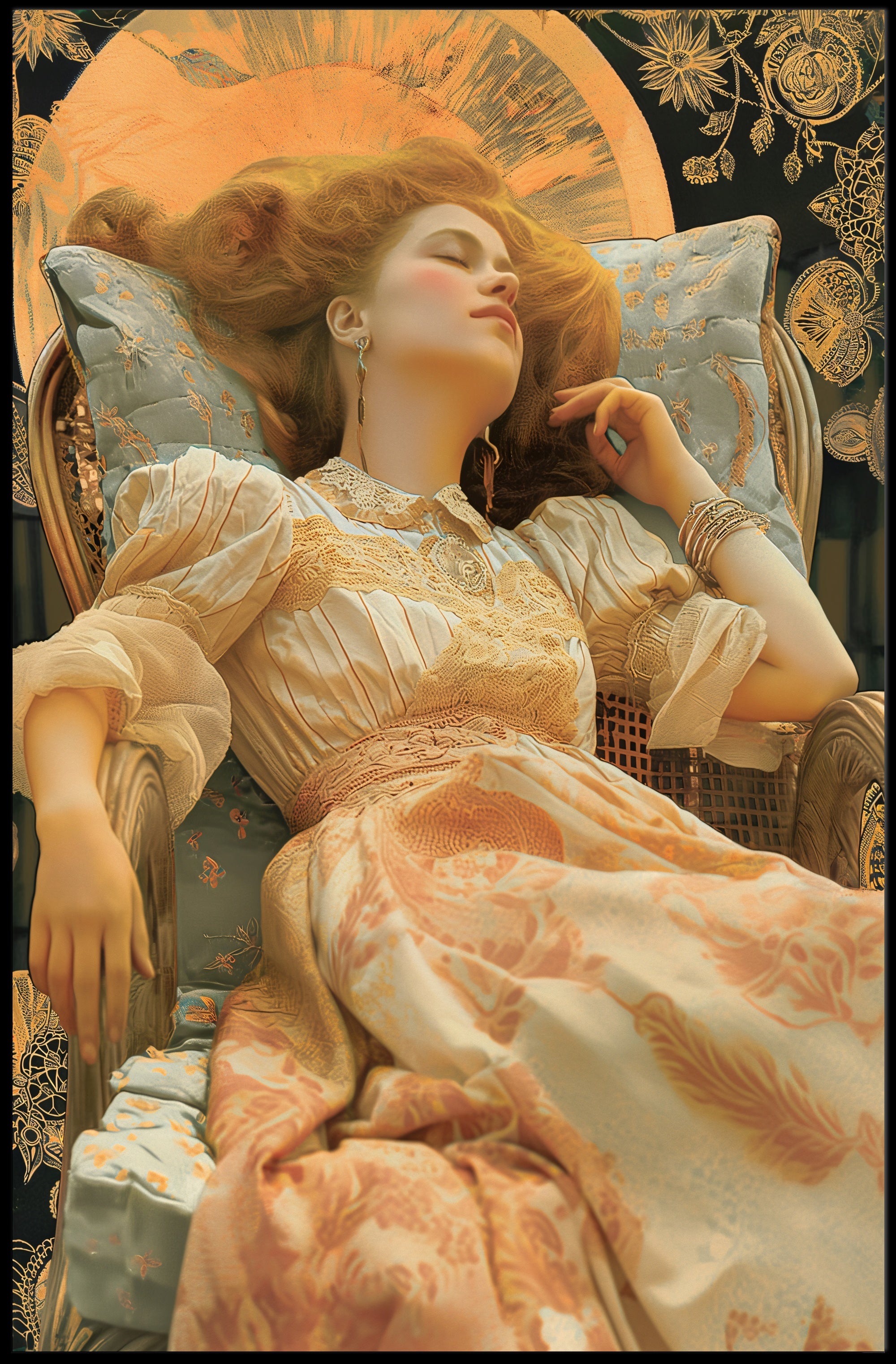 Elegant Reclining Woman in Vintage Dress Artistic Poster PosterGoat