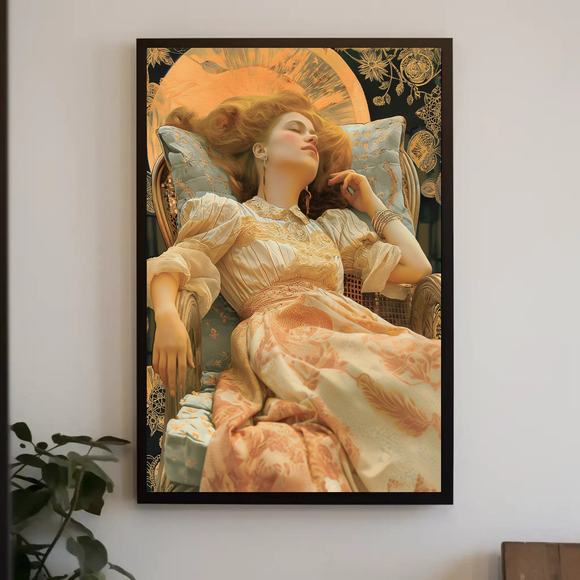 Elegant Reclining Woman in Vintage Dress Artistic Poster PosterGoat