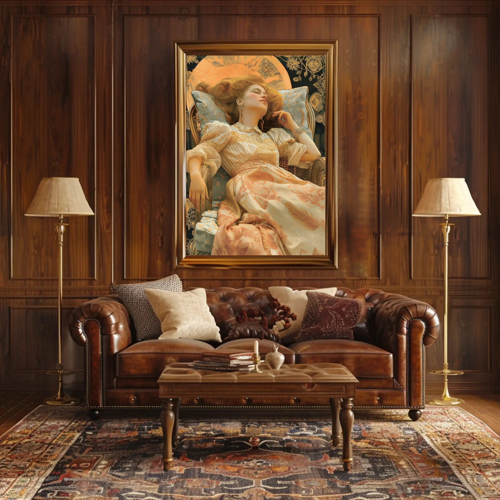 Elegant Reclining Woman in Vintage Dress Artistic Poster PosterGoat