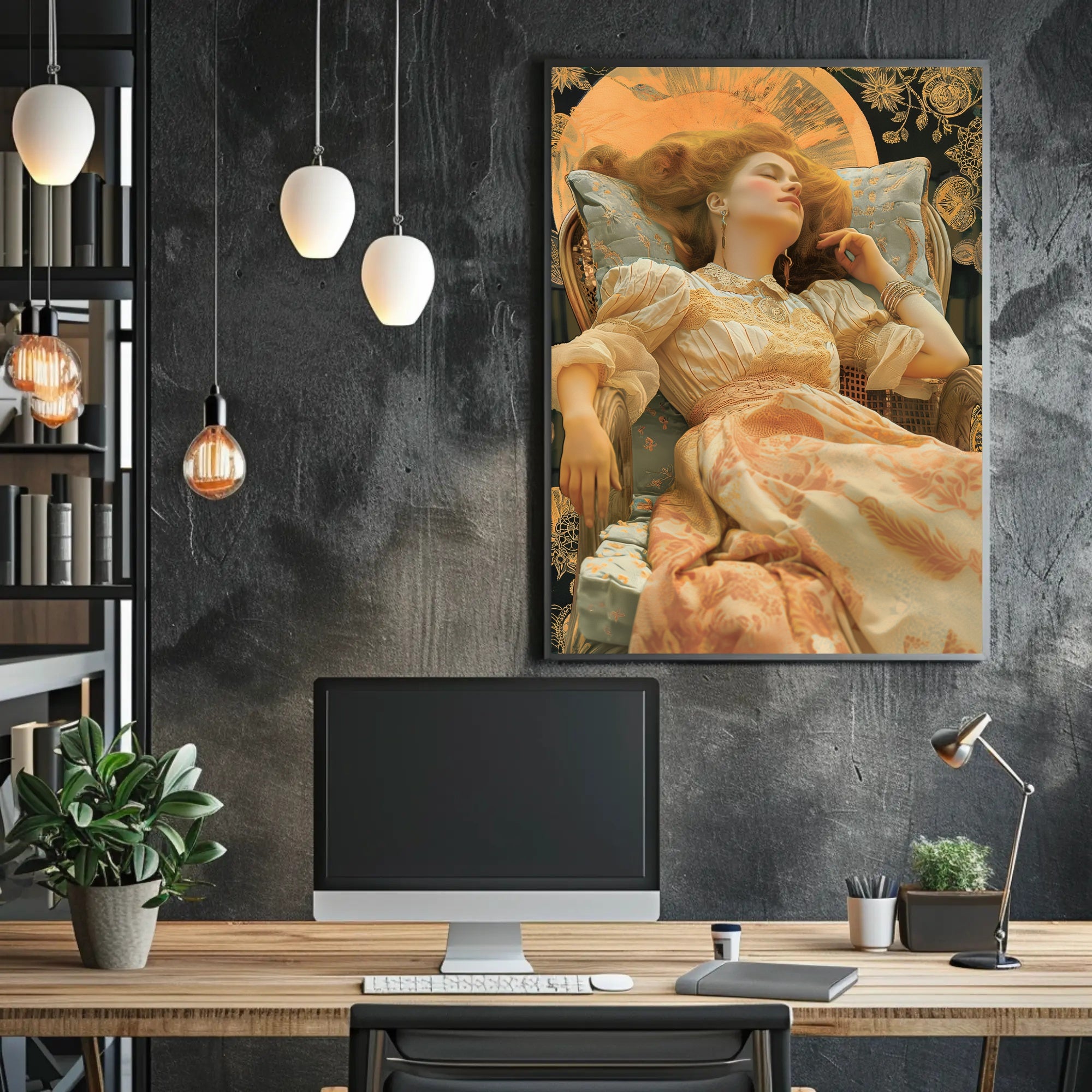 Elegant Reclining Woman in Vintage Dress Artistic Poster PosterGoat