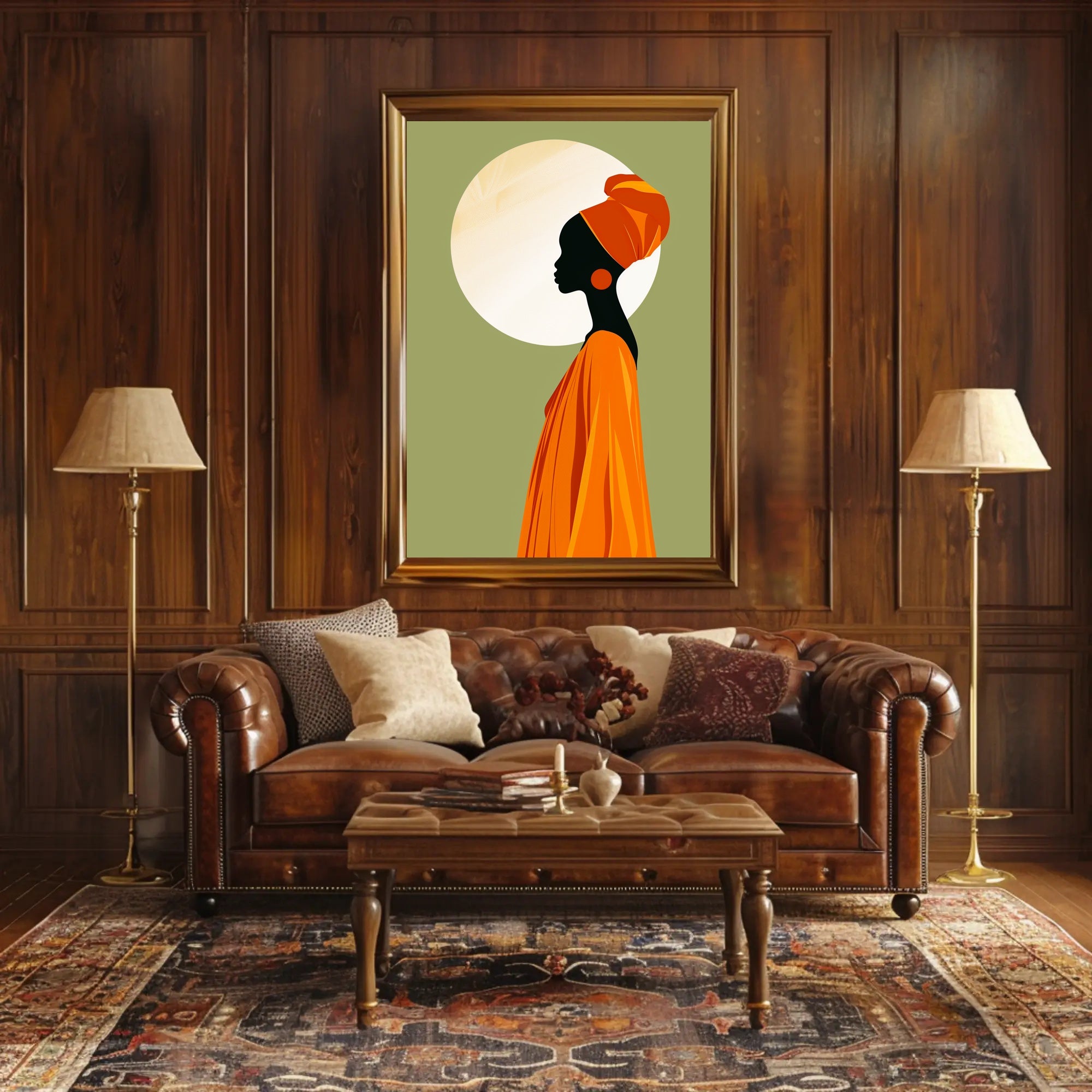 Elegant Silhouette with Orange Headwrap Cultural or Heritage Poster PosterGoat