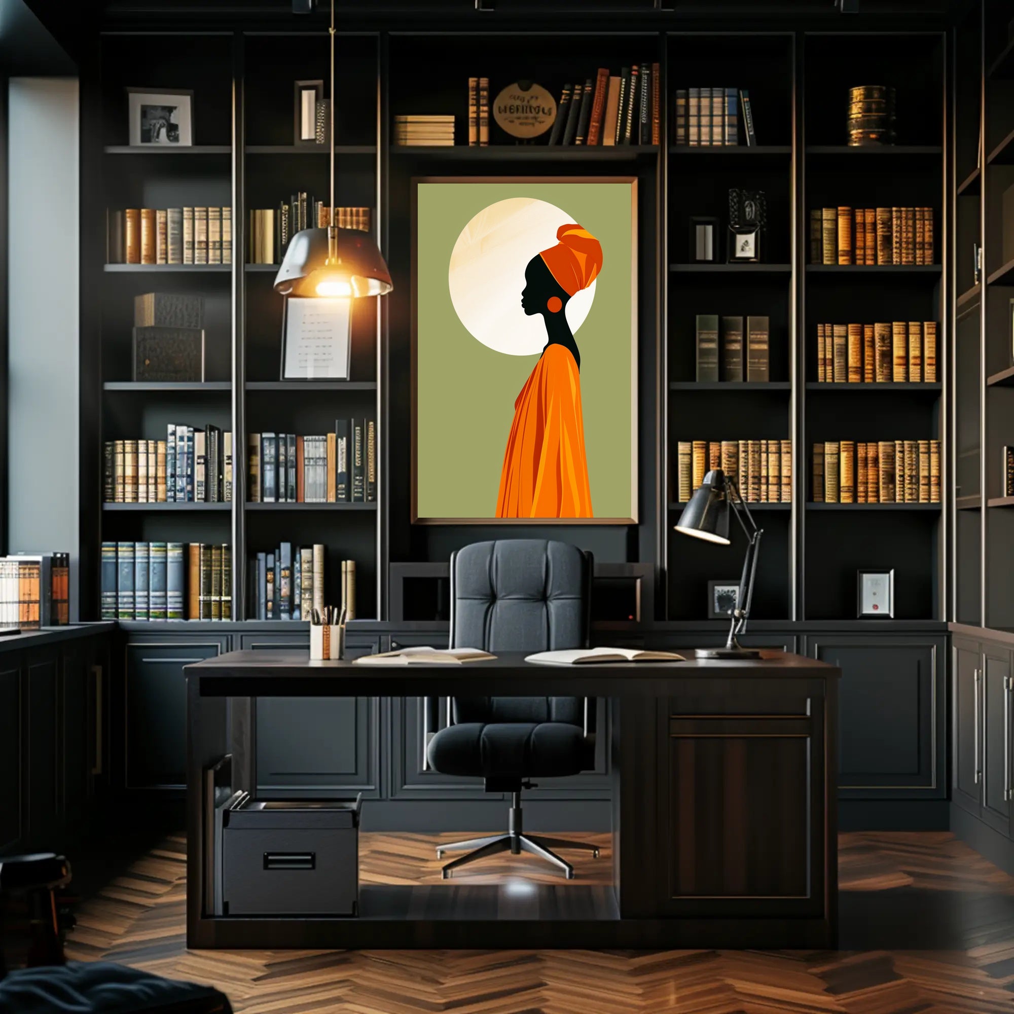 Elegant Silhouette with Orange Headwrap Cultural or Heritage Poster PosterGoat
