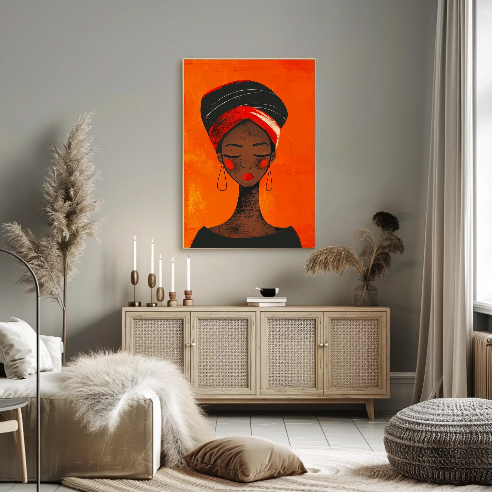Elegant Woman in Vibrant Headwrap Artistic Poster PosterGoat