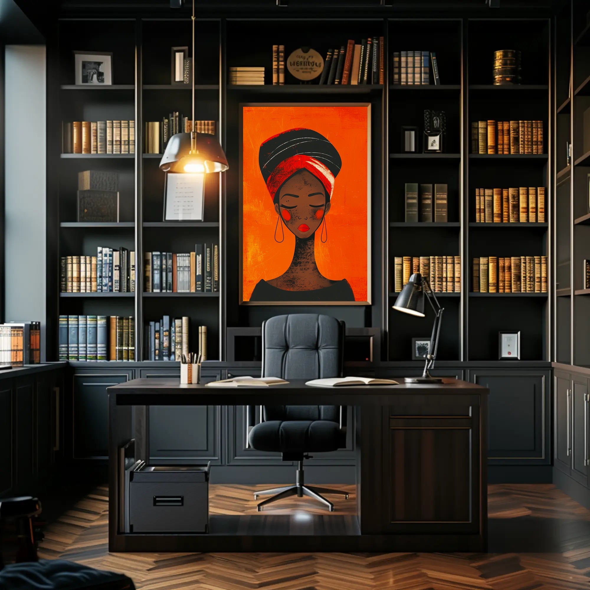 Elegant Woman in Vibrant Headwrap Artistic Poster PosterGoat