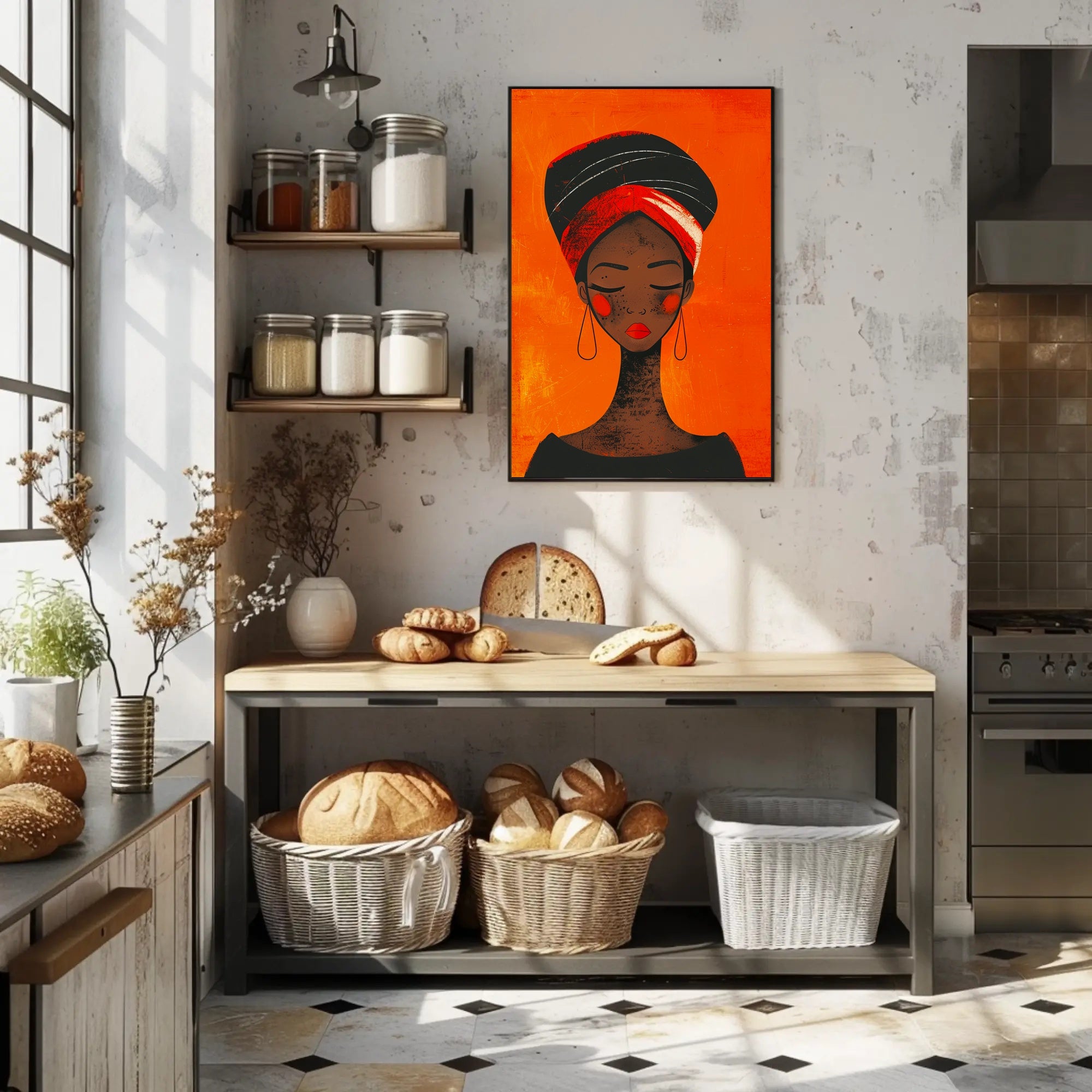 Elegant Woman in Vibrant Headwrap Artistic Poster PosterGoat