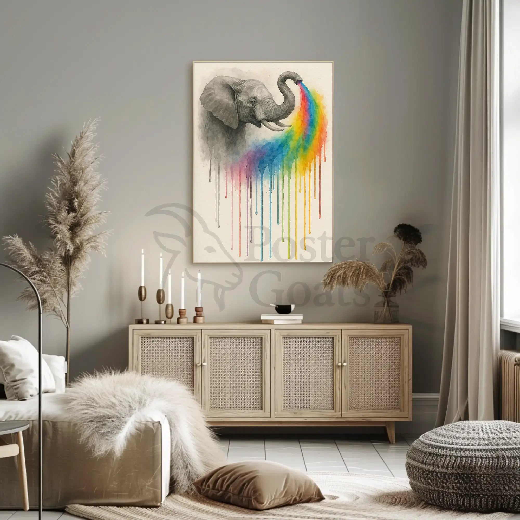 Elephant Spouting Rainbow Surrealistic Artistic Animal Poster PosterGoat