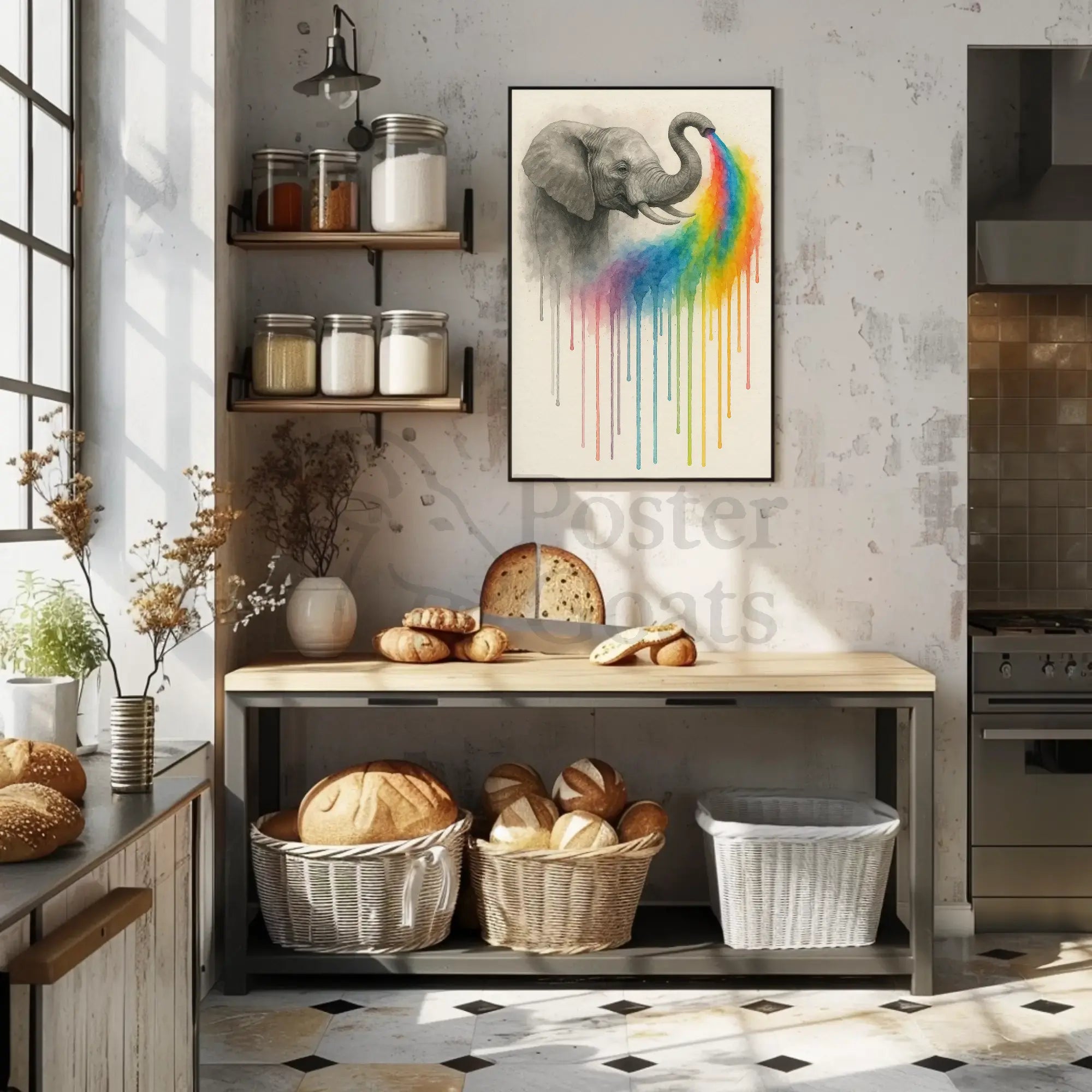 Elephant Spouting Rainbow Surrealistic Artistic Animal Poster PosterGoat