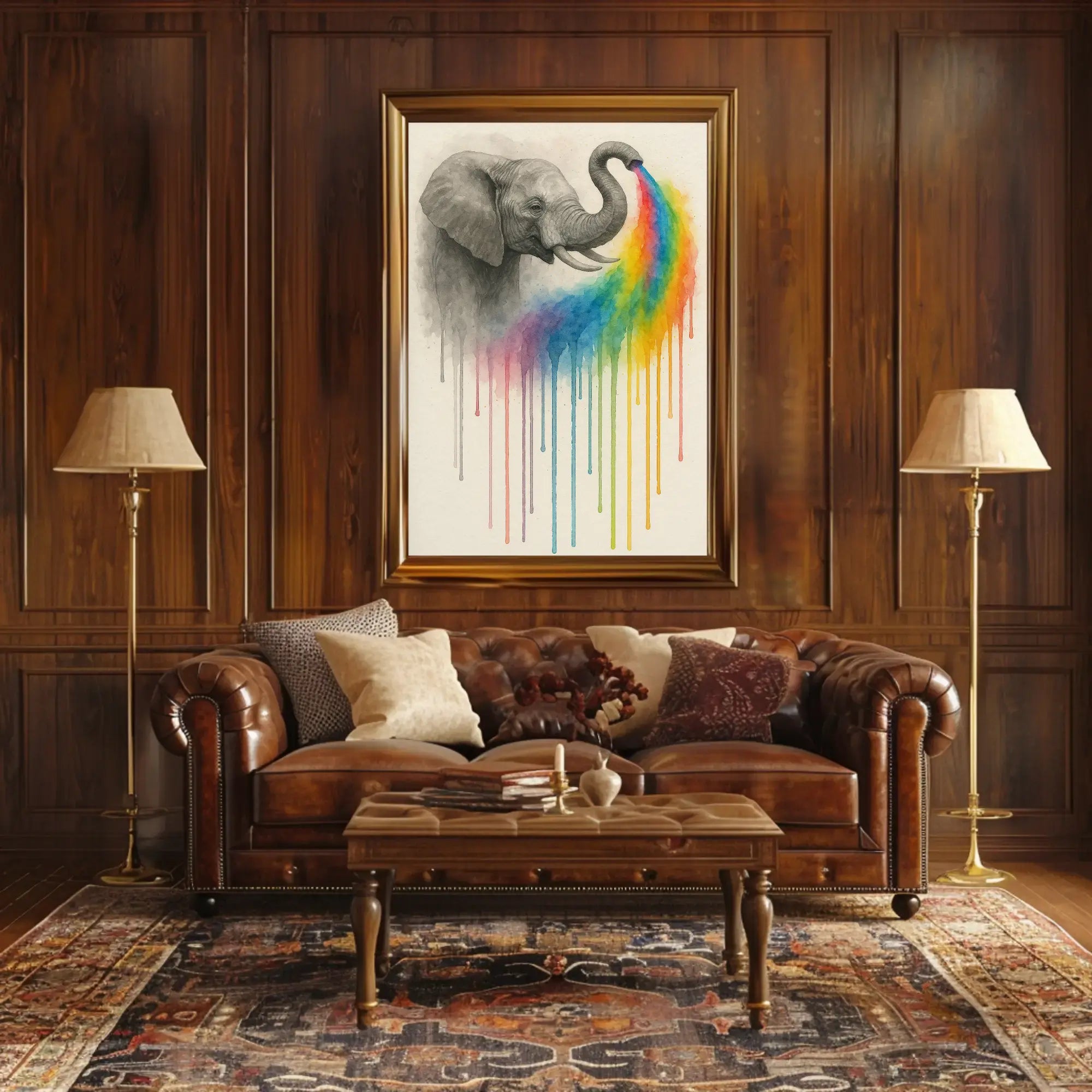 Elephant Spouting Rainbow Surrealistic Artistic Animal Poster PosterGoat