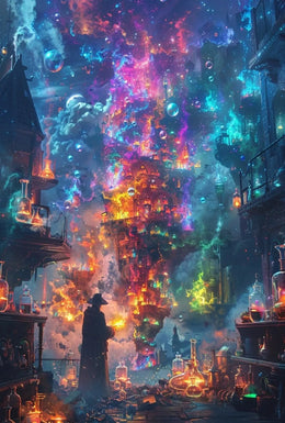 Enchanted Alchemist Wizard in Mystical City Fantasy Poster PosterGoat