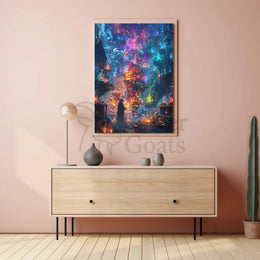 Enchanted Alchemist Wizard in Mystical City Fantasy Poster PosterGoat