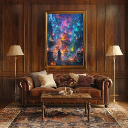 Enchanted Alchemist Wizard in Mystical City Fantasy Poster PosterGoat