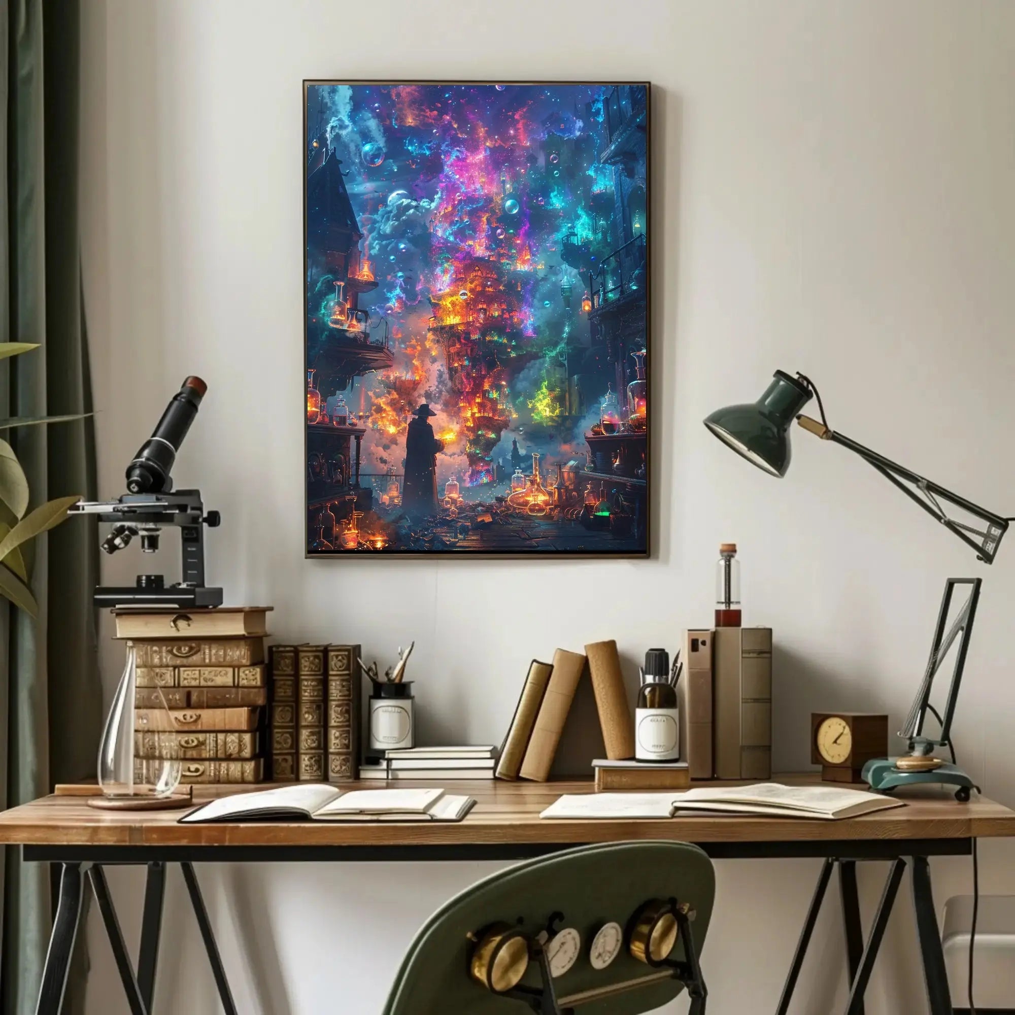 Enchanted Alchemist Wizard in Mystical City Fantasy Poster PosterGoat
