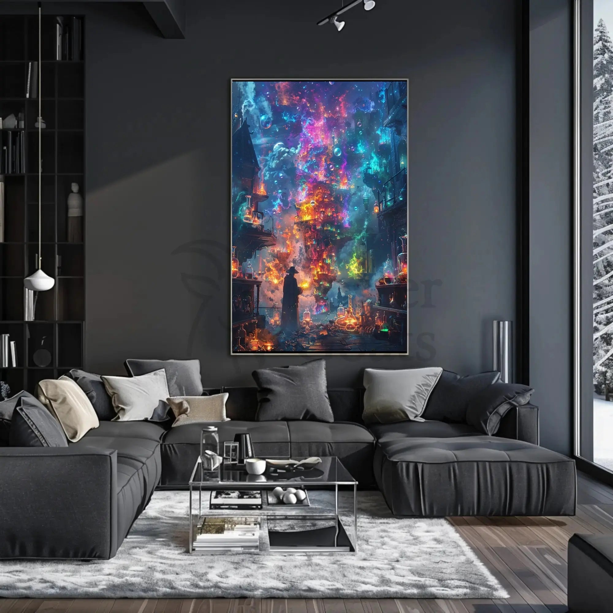 Enchanted Alchemist Wizard in Mystical City Fantasy Poster PosterGoat