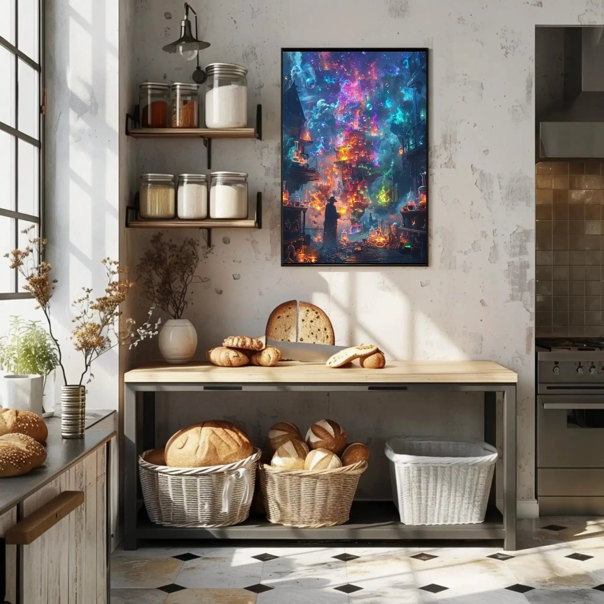 Enchanted Alchemist Wizard in Mystical City Fantasy Poster PosterGoat