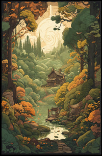 Enchanted Woodland Path to Cozy Cabin Art Poster PosterGoat