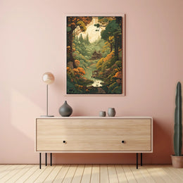 Enchanted Woodland Path to Cozy Cabin Art Poster PosterGoat