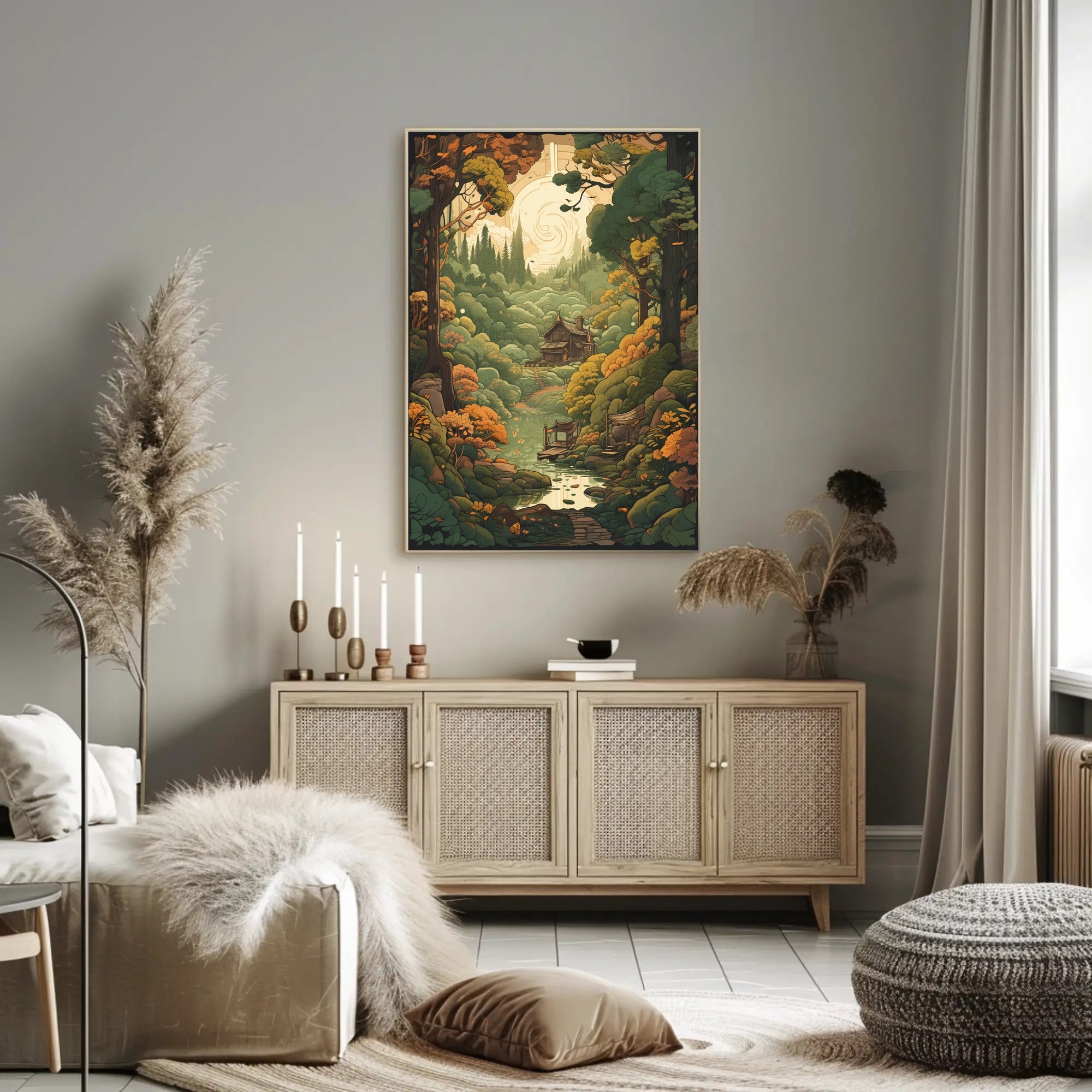 Enchanted Woodland Path to Cozy Cabin Art Poster PosterGoat