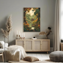 Enchanted Woodland Path to Cozy Cabin Art Poster PosterGoat