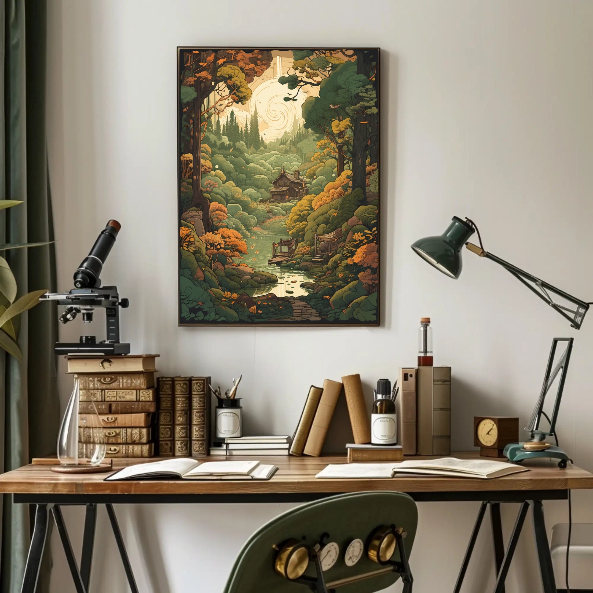 Enchanted Woodland Path to Cozy Cabin Art Poster PosterGoat