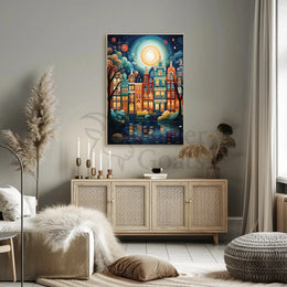 Enchanting Amsterdam Nightscape: Whimsical Cityscape Art Print Poster PosterGoat