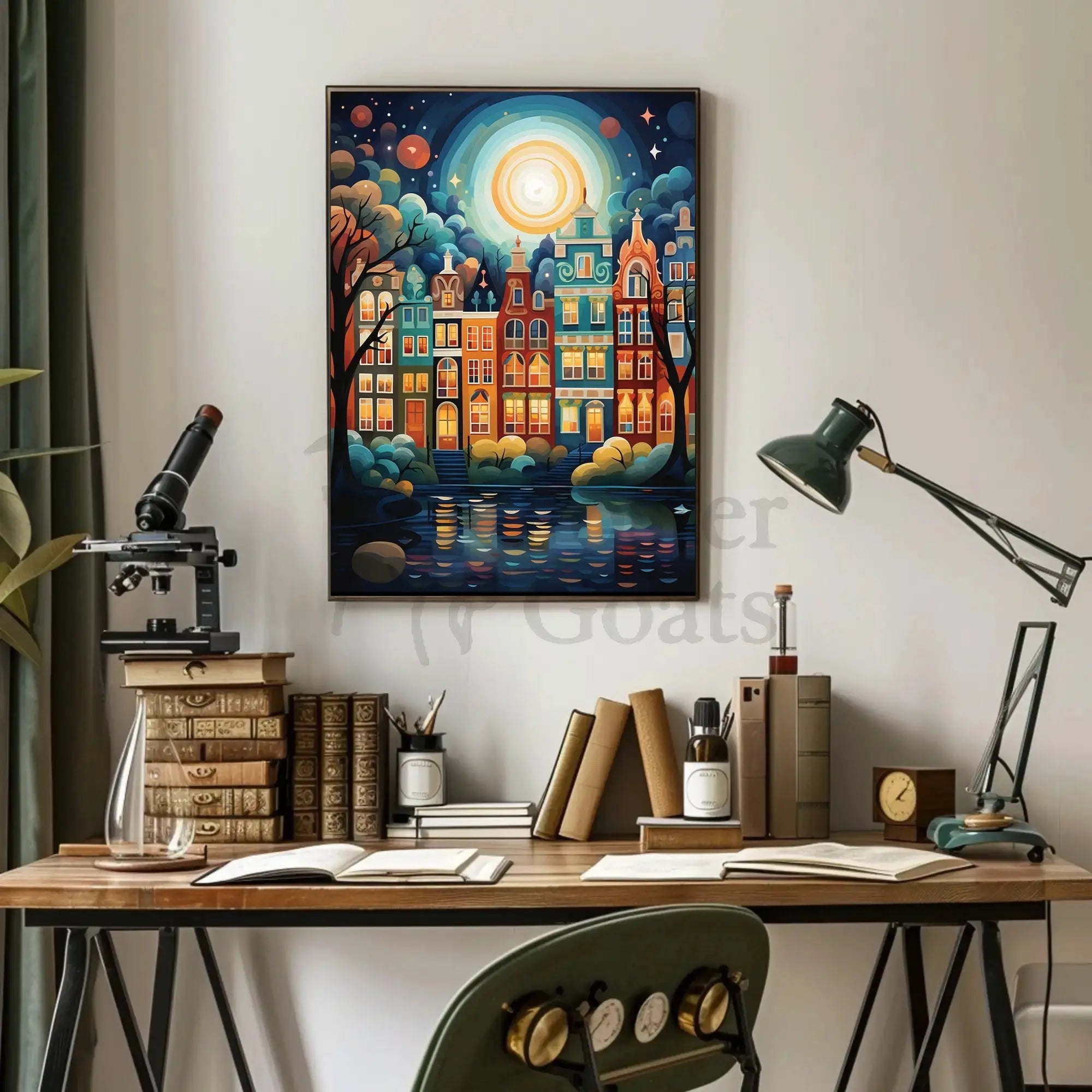Enchanting Amsterdam Nightscape: Whimsical Cityscape Art Print Poster PosterGoat