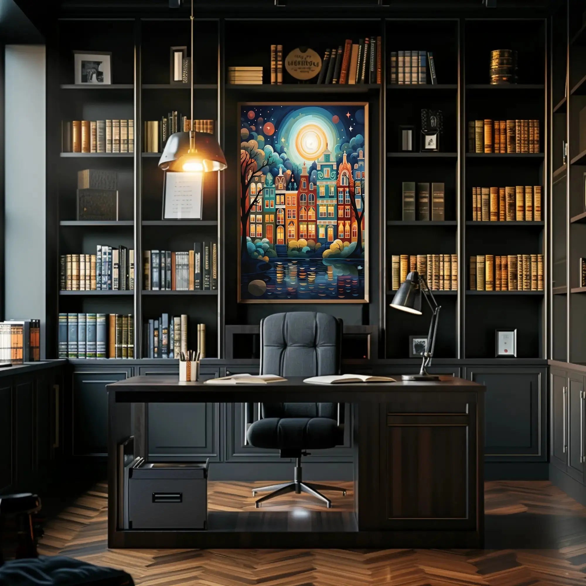 Enchanting Amsterdam Nightscape: Whimsical Cityscape Art Print Poster PosterGoat