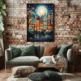 Enchanting Amsterdam Nightscape: Whimsical Cityscape Art Print Poster PosterGoat