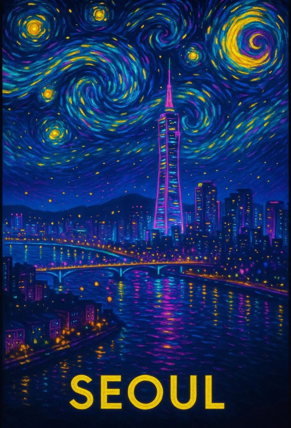 Enchanting Seoul Nightscape in Van Gogh Style Travel Poster PosterGoat