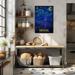 Enchanting Seoul Nightscape in Van Gogh Style Travel Poster PosterGoat