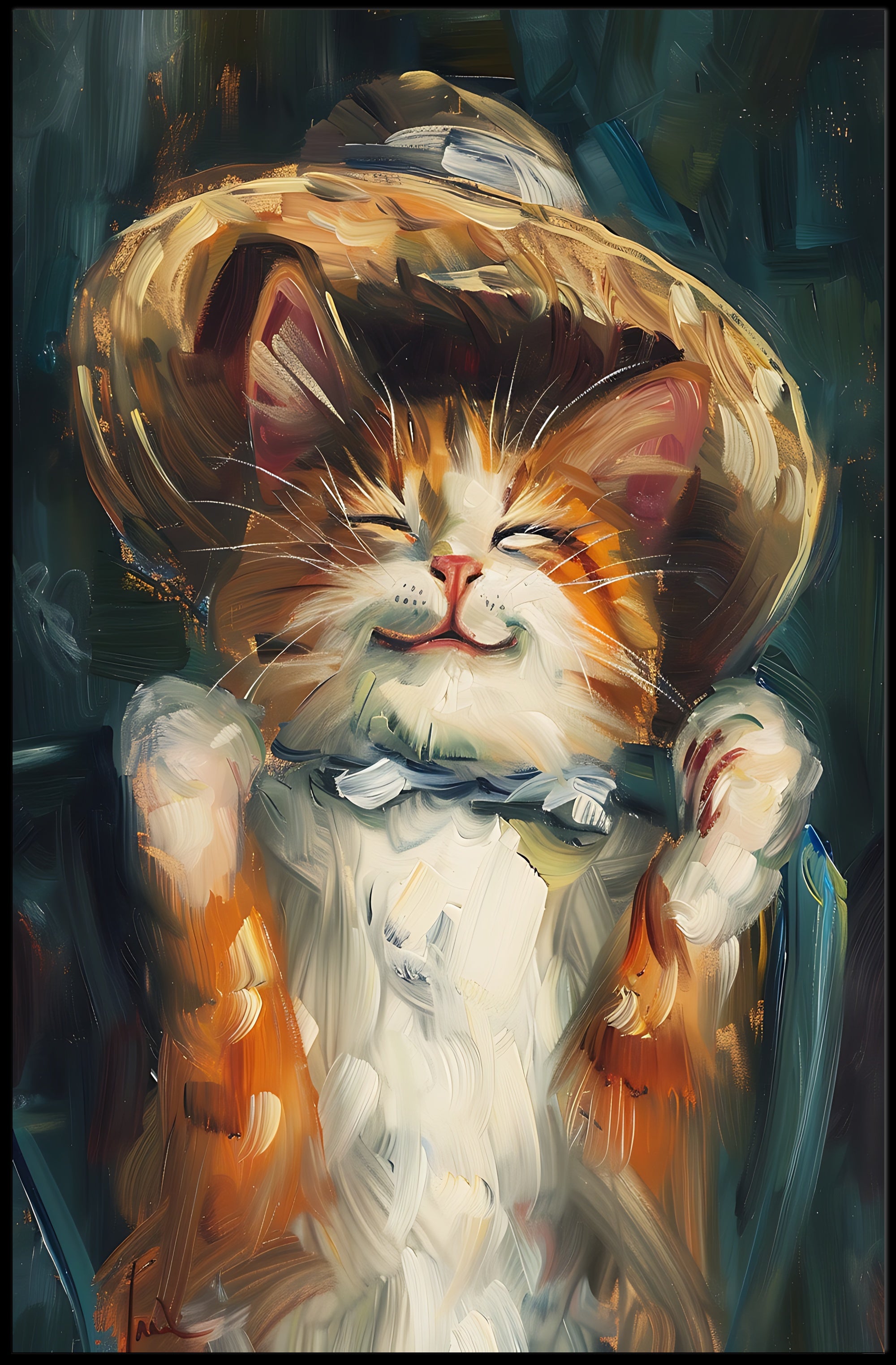Endearing Straw Hat Cat Artistic Poster PosterGoat
