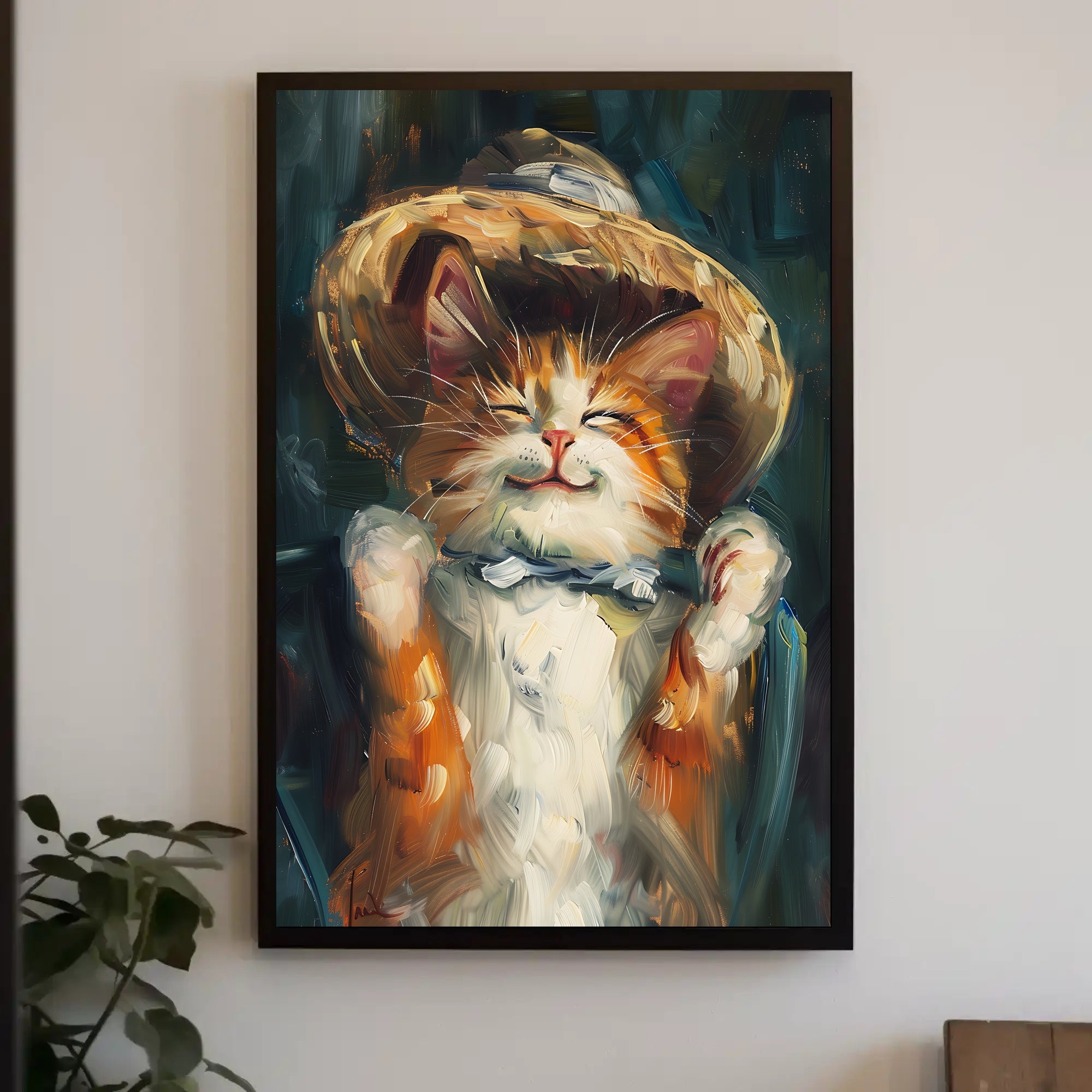 Endearing Straw Hat Cat Artistic Poster PosterGoat