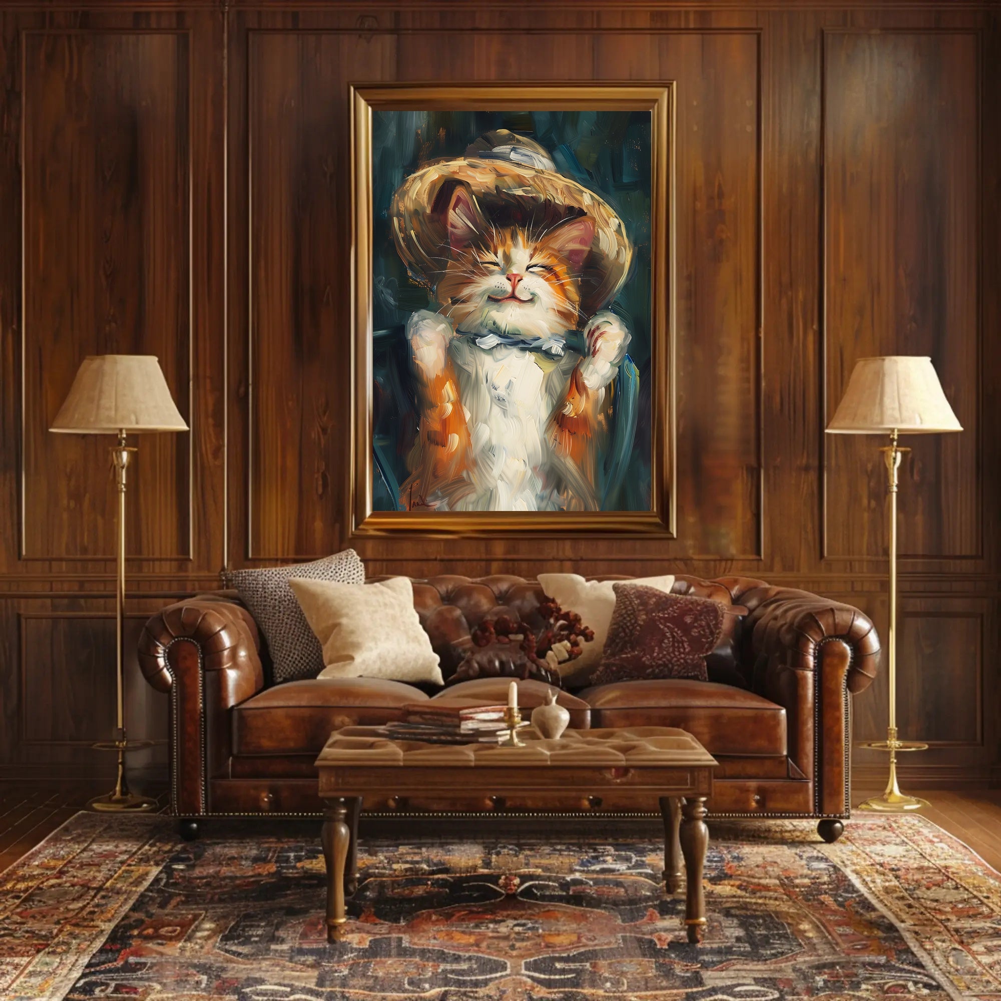 Endearing Straw Hat Cat Artistic Poster PosterGoat