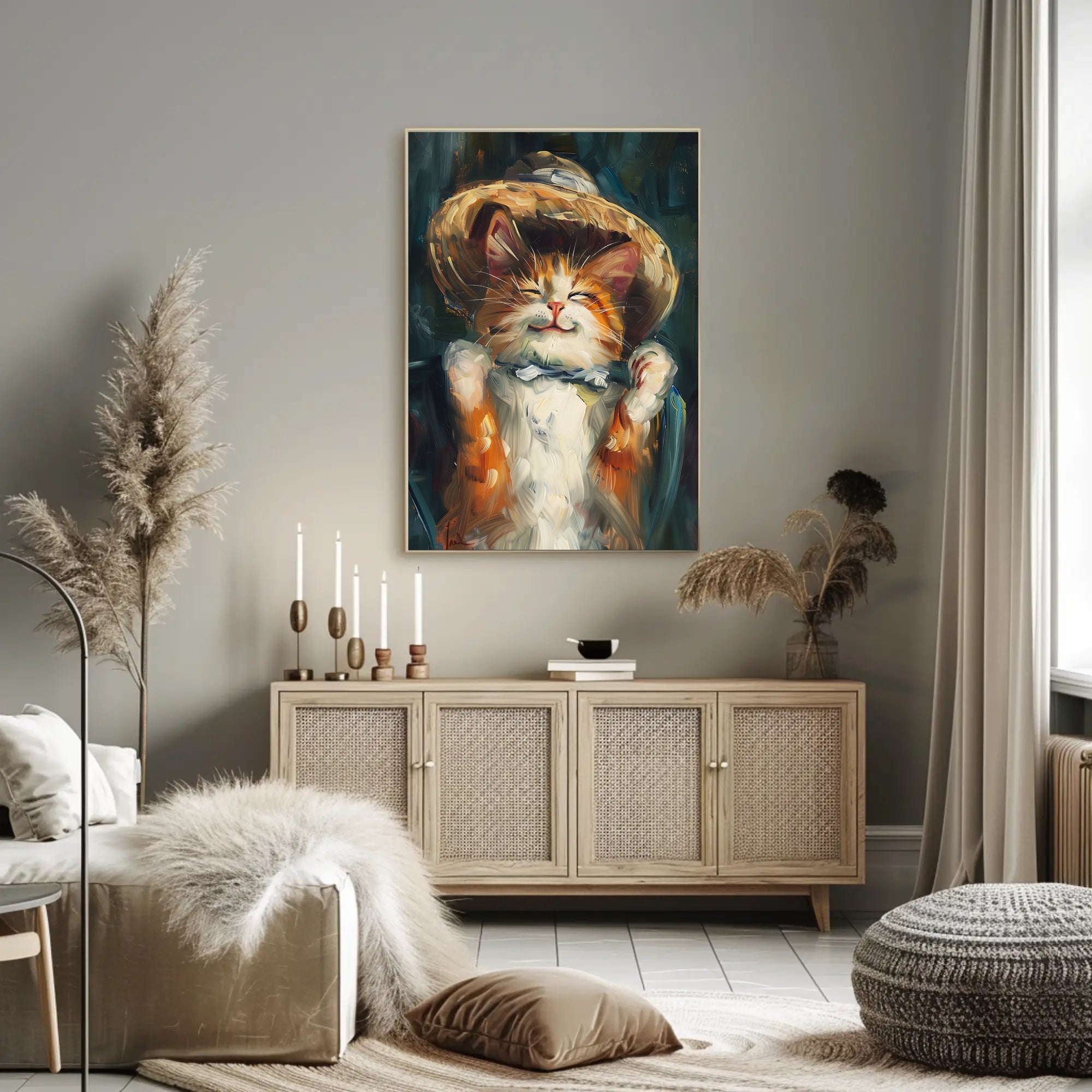 Endearing Straw Hat Cat Artistic Poster PosterGoat
